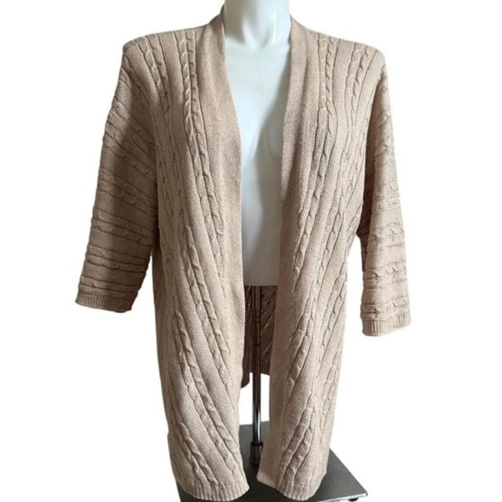 J Jill Beige Cable Knit Open Front Cardigan Sweater 3/4 Sleeve Womens Large